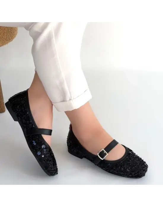 Zaty Siyah Süet Siyah Pullu Babet Ayakkabı