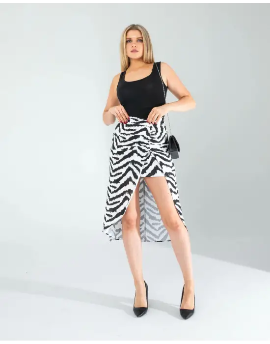 Omarı Zebra Desenli Büzgülü Etek