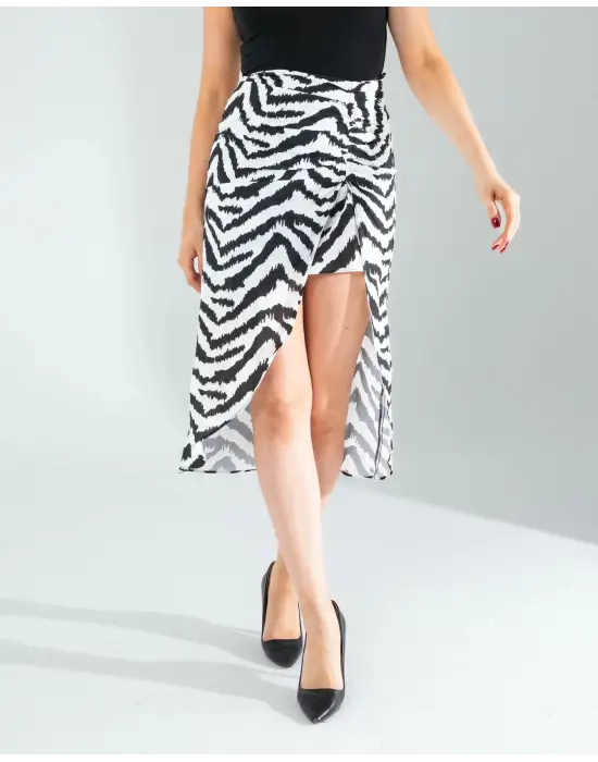 Omarı Zebra Desenli Büzgülü Etek