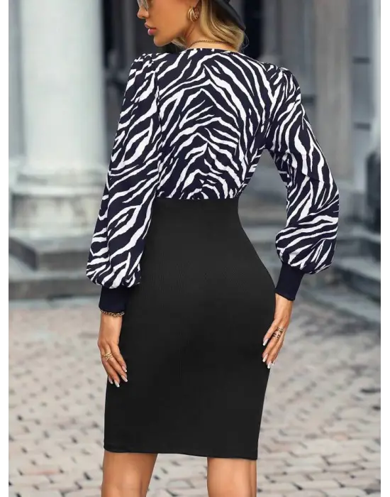 Omarı Zebra Desenli Kısa Krep Elbise