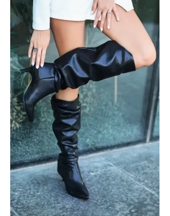 Zelya Siyah Cilt Topuklu Çizme