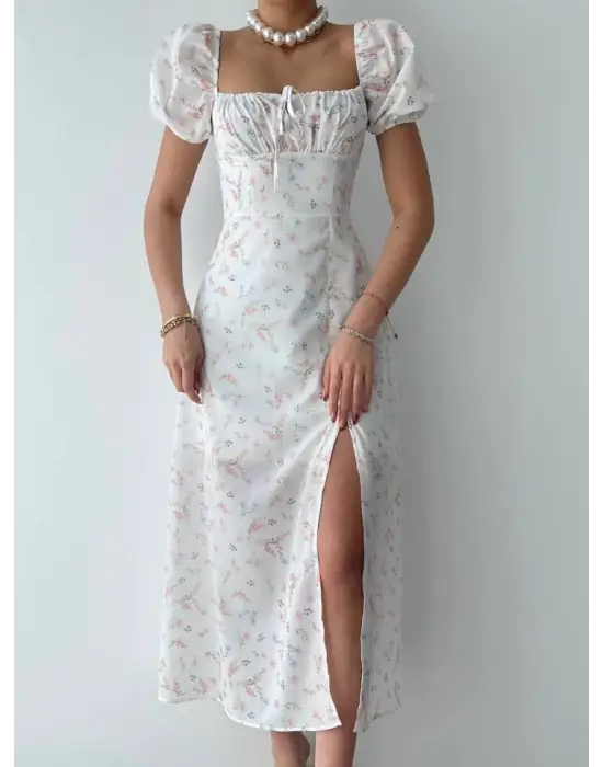 Omarı Parlak Saten Balon Kol Elbise