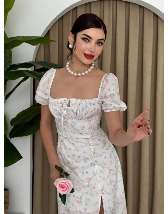 Omarı Parlak Saten Balon Kol Elbise