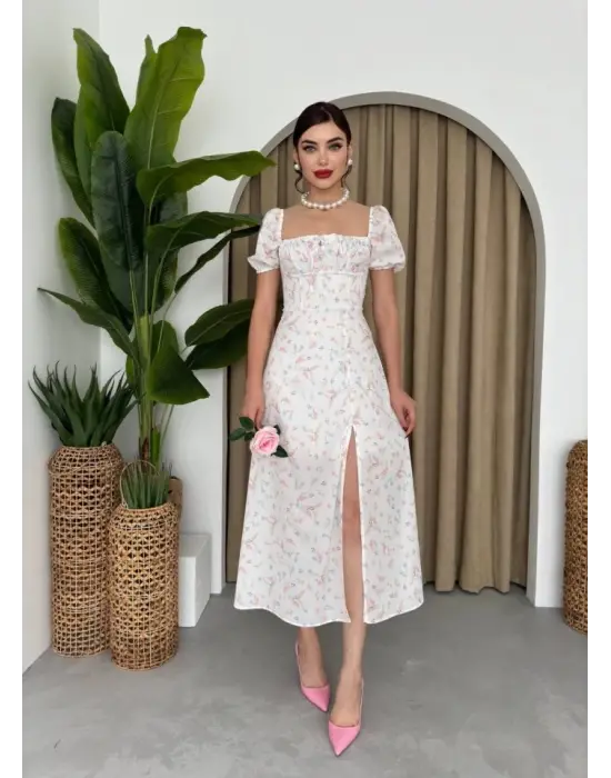 Omarı Parlak Saten Balon Kol Elbise