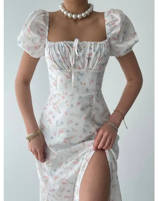 Omarı Parlak Saten Balon Kol Elbise