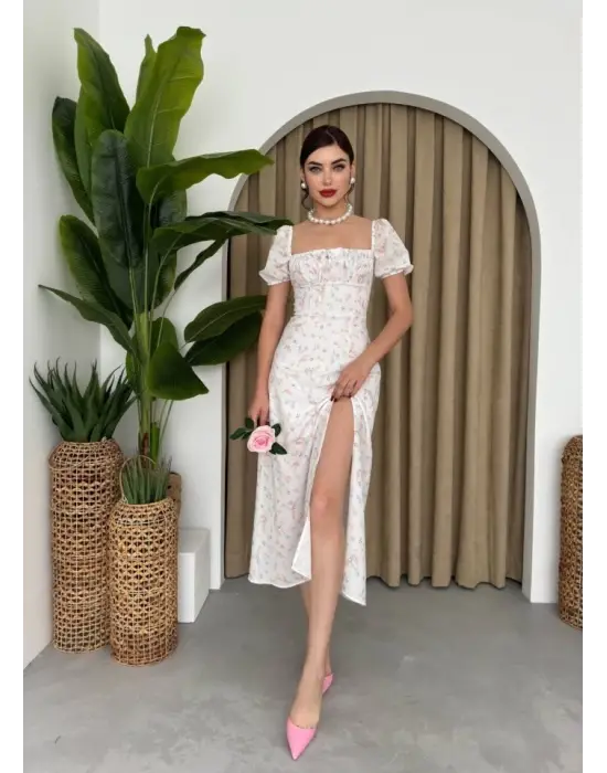 Omarı Parlak Saten Balon Kol Elbise