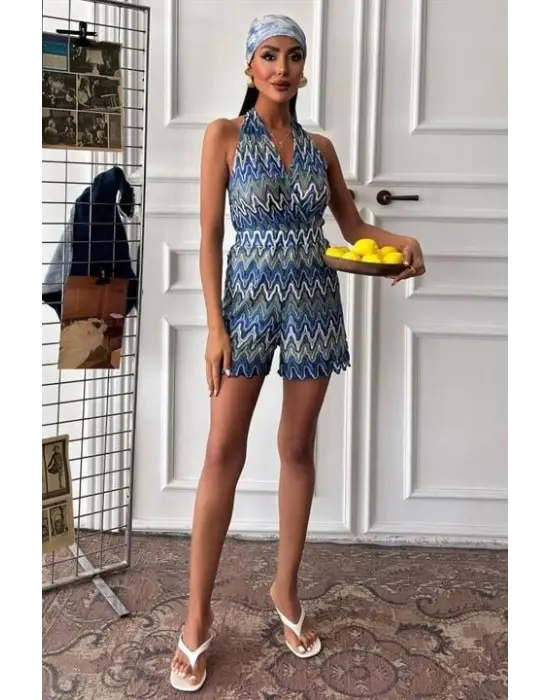 Zikzak Desenli Multi Renk Geçişli Mini Tulum 1365