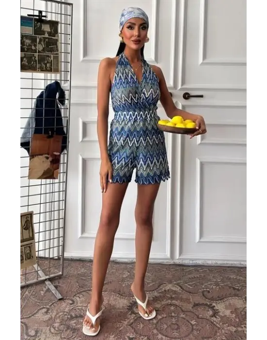 Omarı Renkli Zikzak Desenli Mini Tulum