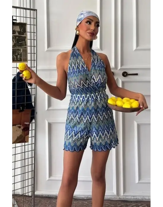 Omarı Renkli Zikzak Desenli Mini Tulum