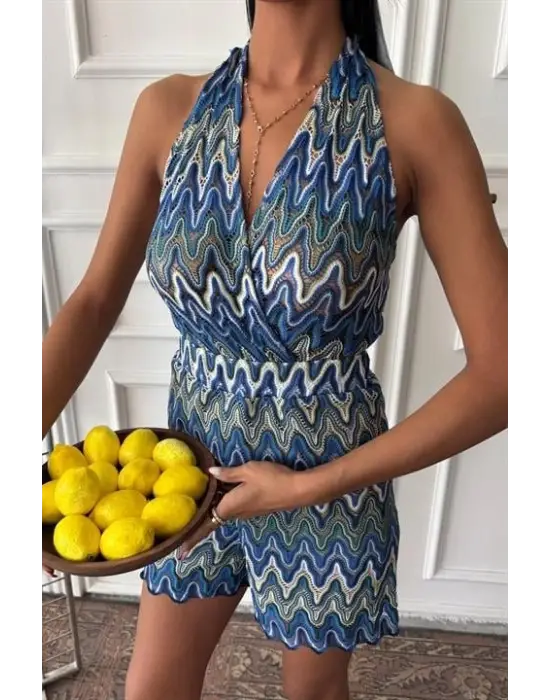 Omarı Renkli Zikzak Desenli Mini Tulum