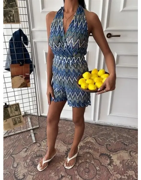 Omarı Renkli Zikzak Desenli Mini Tulum