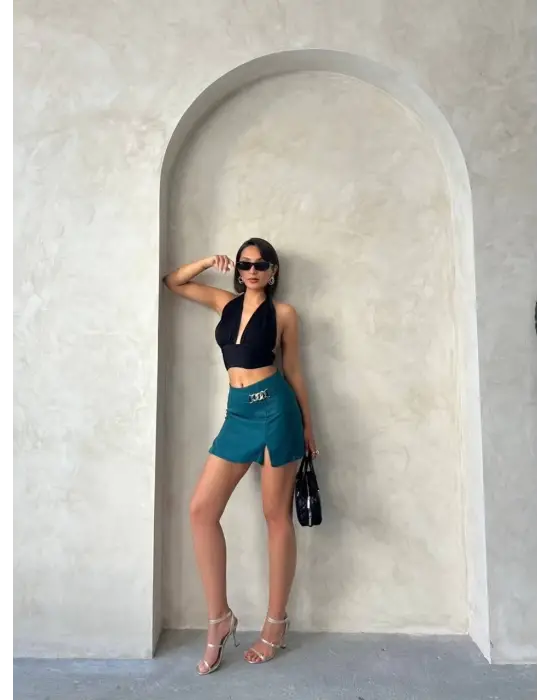Zincirli şort etek petrol yeşili s24676