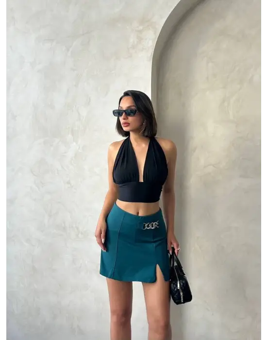 Zincirli şort etek petrol yeşili s24676