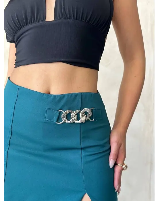 Omarı Petrol Yeşili Zincir Detaylı Şort Etek