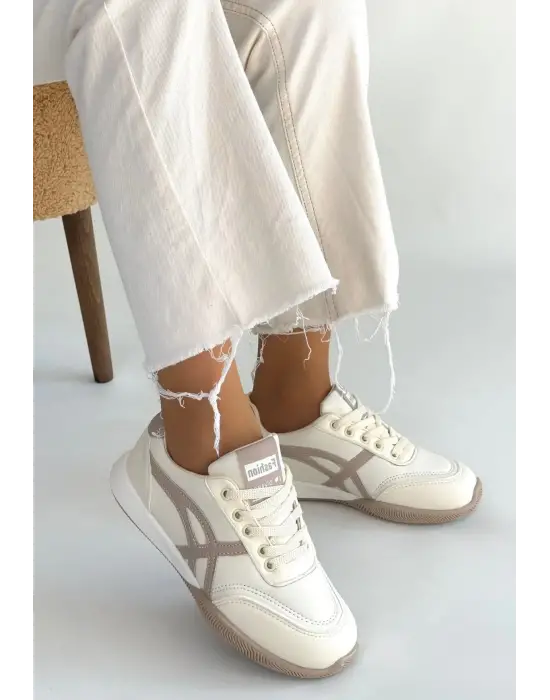 Zlay Bej Cilt Vizon Detaylı Bağcıklı Spor Ayakkabı