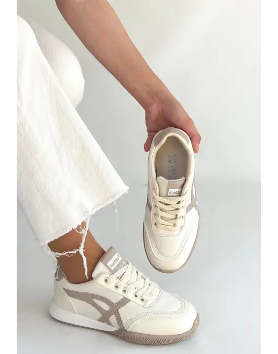 Zlay Bej Cilt Vizon Detaylı Bağcıklı Spor Ayakkabı