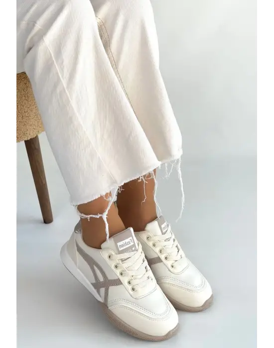 Zlay Bej Cilt Vizon Detaylı Bağcıklı Spor Ayakkabı