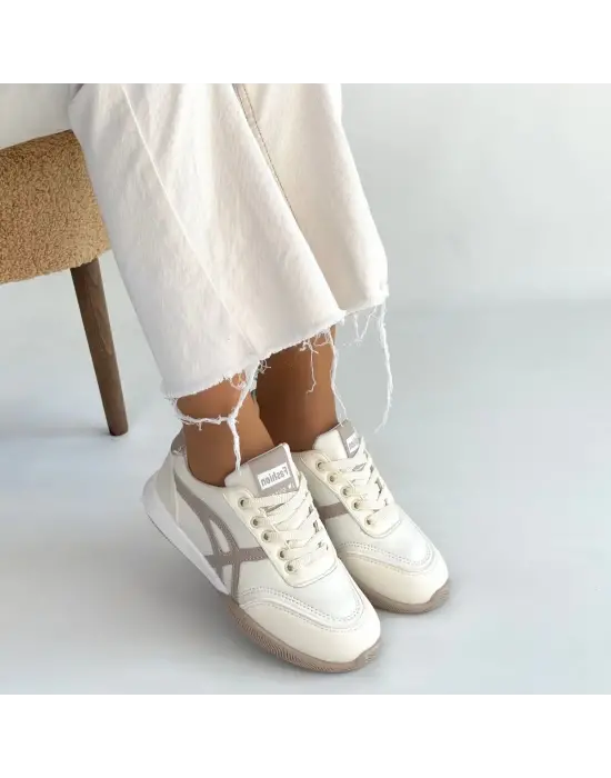 Zlay Bej Cilt Vizon Detaylı Bağcıklı Spor Ayakkabı