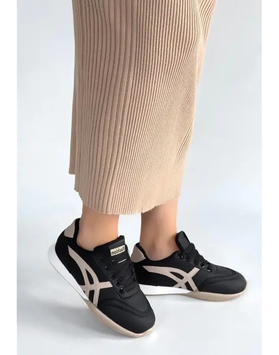 Zlay Siyah Cilt Bej Detaylı Bağcıklı Spor Ayakkabı