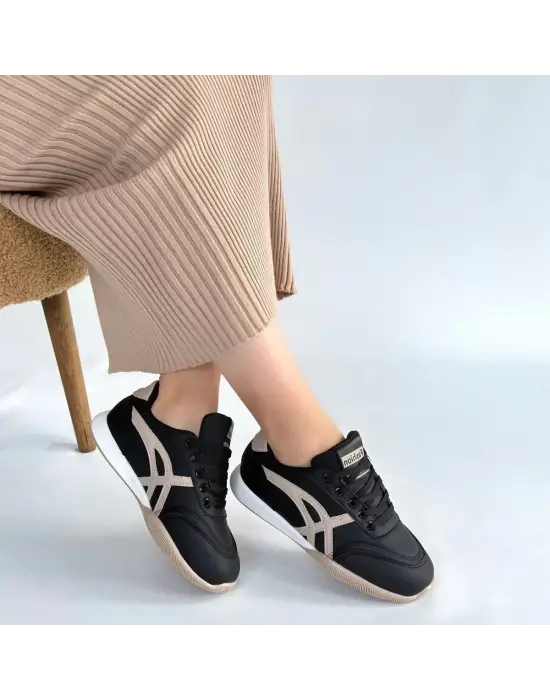 Zlay Siyah Cilt Bej Detaylı Bağcıklı Spor Ayakkabı