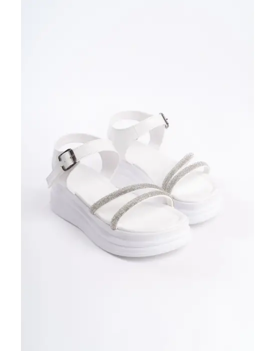 ZLOHE Kalın Tokalı Taşlı Şeritli Rahat tabanlı ayakkabı Tabaan Bayan Sandalet CBT - Beyaz