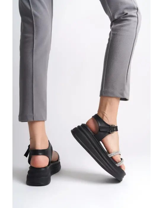 ZLOHE Kalın Tokalı Taşlı Şeritli Rahat tabanlı ayakkabı Tabaan Bayan Sandalet  CGünlük Şık - Siyah