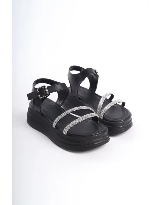 ZLOHE Kalın Tokalı Taşlı Şeritli Rahat tabanlı ayakkabı Tabaan Bayan Sandalet  CGünlük Şık - Siyah