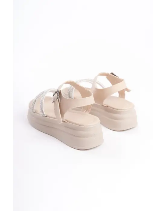 ZLOHE Kalın Tokalı Taşlı Şeritli Rahat tabanlı ayakkabı Tabaan Bayan Sandalet  CKısa Topuk - Krem