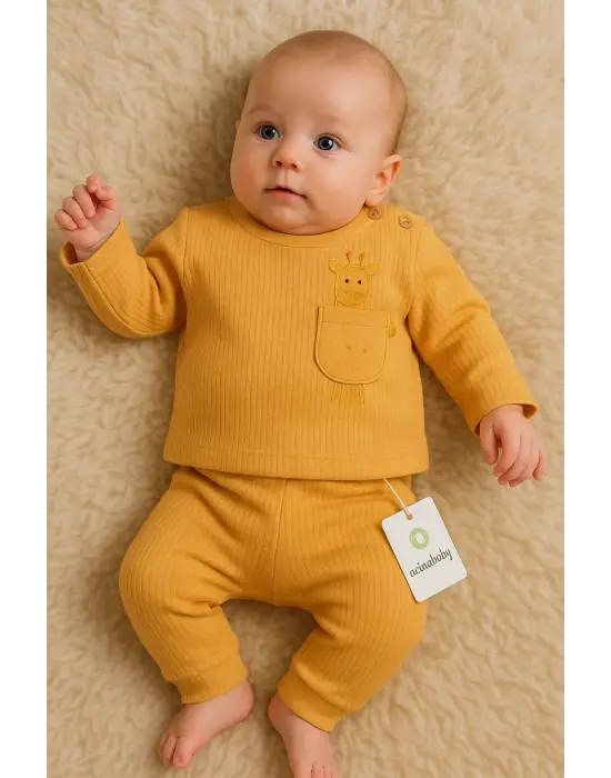 Zürafa Cep Nakışlı Omuzdan Düğmeli % 100 Pamuk Erkek Bebek Takım
