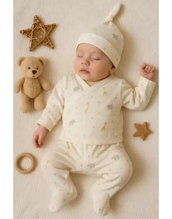 Zürafa Desenli 3 Parça Erkek Bebek Hastane Çıkışı % 100 Pamuk