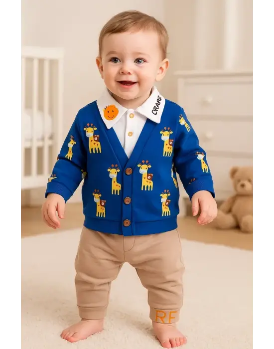 Zürafa Desenli Gömlek Yakalı 3lü Erkek Bebek Takımı