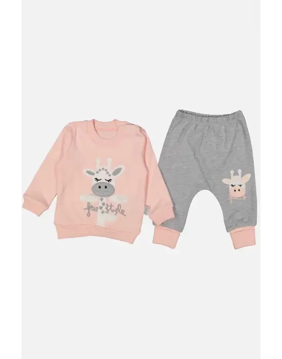 Zürafa Nakışlı % 100 Pamuk Kız Bebek Takımı
