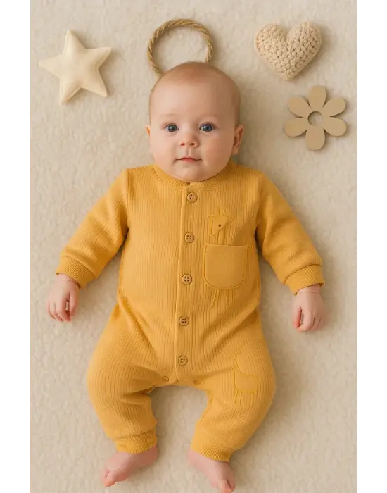 Zürafa Nakışlı Cepli % 100 Pamuk Erkek Bebek Tulumu