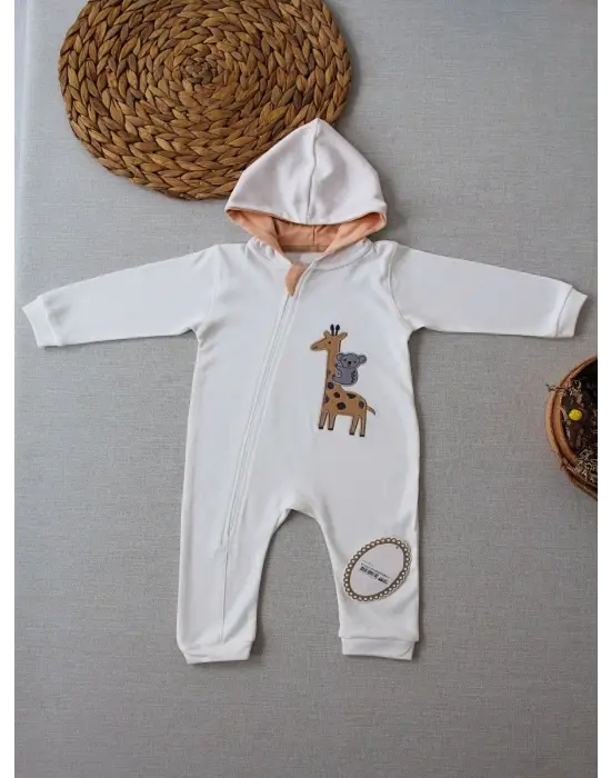 Omarı Zürafa Nakışlı Kapşonlu Bebek Tulumu - Ekru Renkli