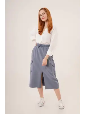 Omarı İndigo Eteği | Ön Yırtmaçlı Cep Detayı ile Şıklık