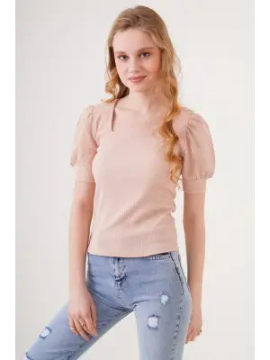 0409 Kare Yaka Örme Bluz - Bisküvi