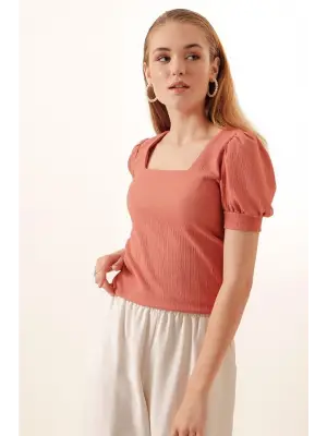 0409 Kare Yaka Örme Bluz - Gül Kurusu