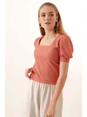 0409 Kare Yaka Örme Bluz - Gül Kurusu