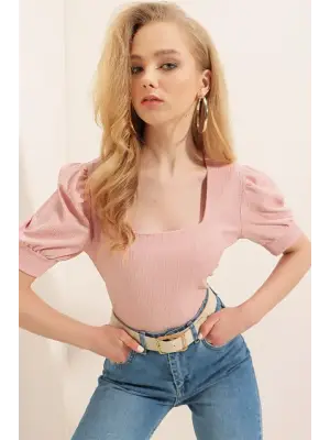 0409 Kare Yaka Örme Bluz - Pudra