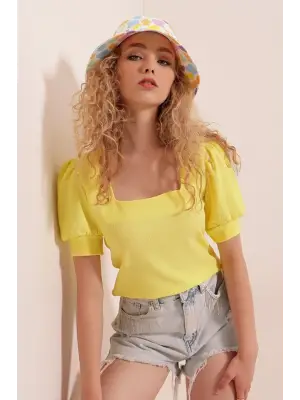 0409 Kare Yaka Örme Bluz - Sarı