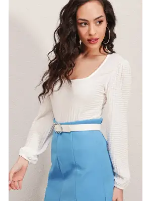 0442 Uzun Kollu Bluz - Beyaz