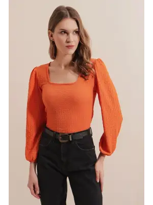 0442 Uzun Kollu Bluz - Turuncu