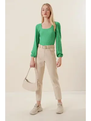 0442 Uzun Kollu Bluz - Yeşil