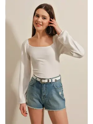 0465 Balon Kollu Örme Bluz - Beyaz