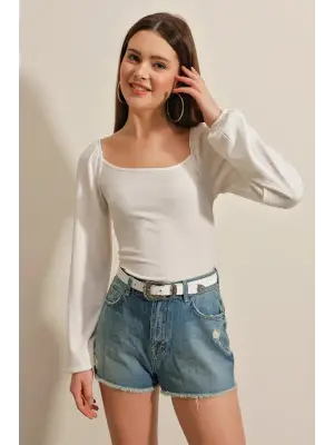 0465 Balon Kollu Örme Bluz - Beyaz