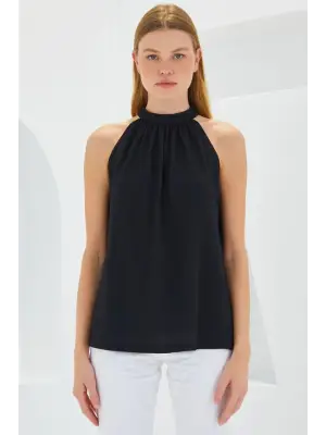 0489 Halter Yaka Örme Bluz - Siyah