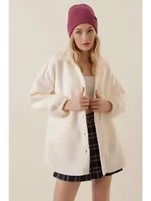 Modern Yün Karışımlı Buklet Ceket - Krem