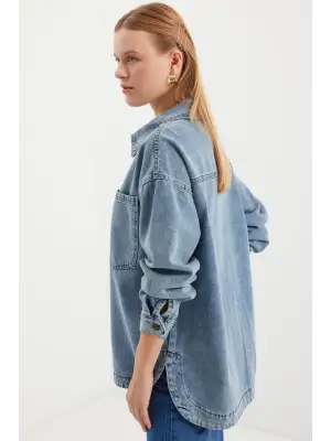 0694 Çift Cepli Oversize Denim Ceket - Buz Mavi