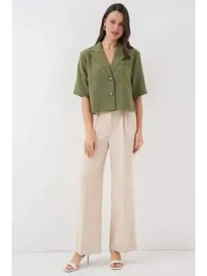 0706 Crop Keten Ceket - Haki