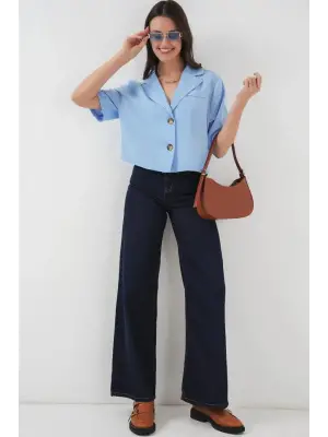 0706 Crop Keten Ceket - Mavi